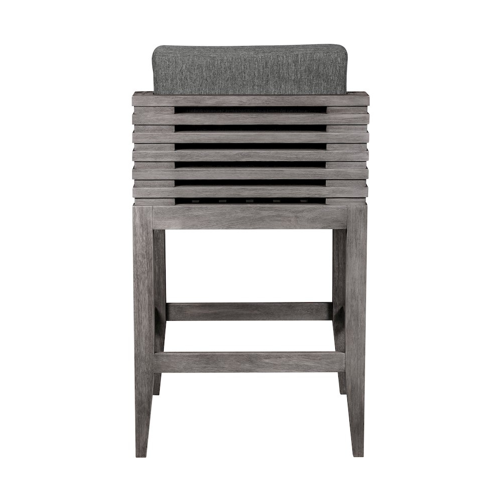 Outdoor Patio Counter Stool in Gray Eucalyptus Wood with Gray Olefin Cushions. Picture 5