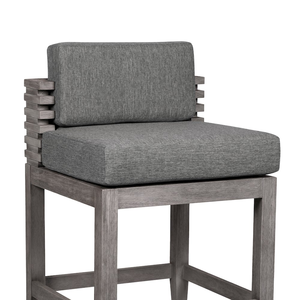 Outdoor Patio Counter Stool in Gray Eucalyptus Wood with Gray Olefin Cushions. Picture 6