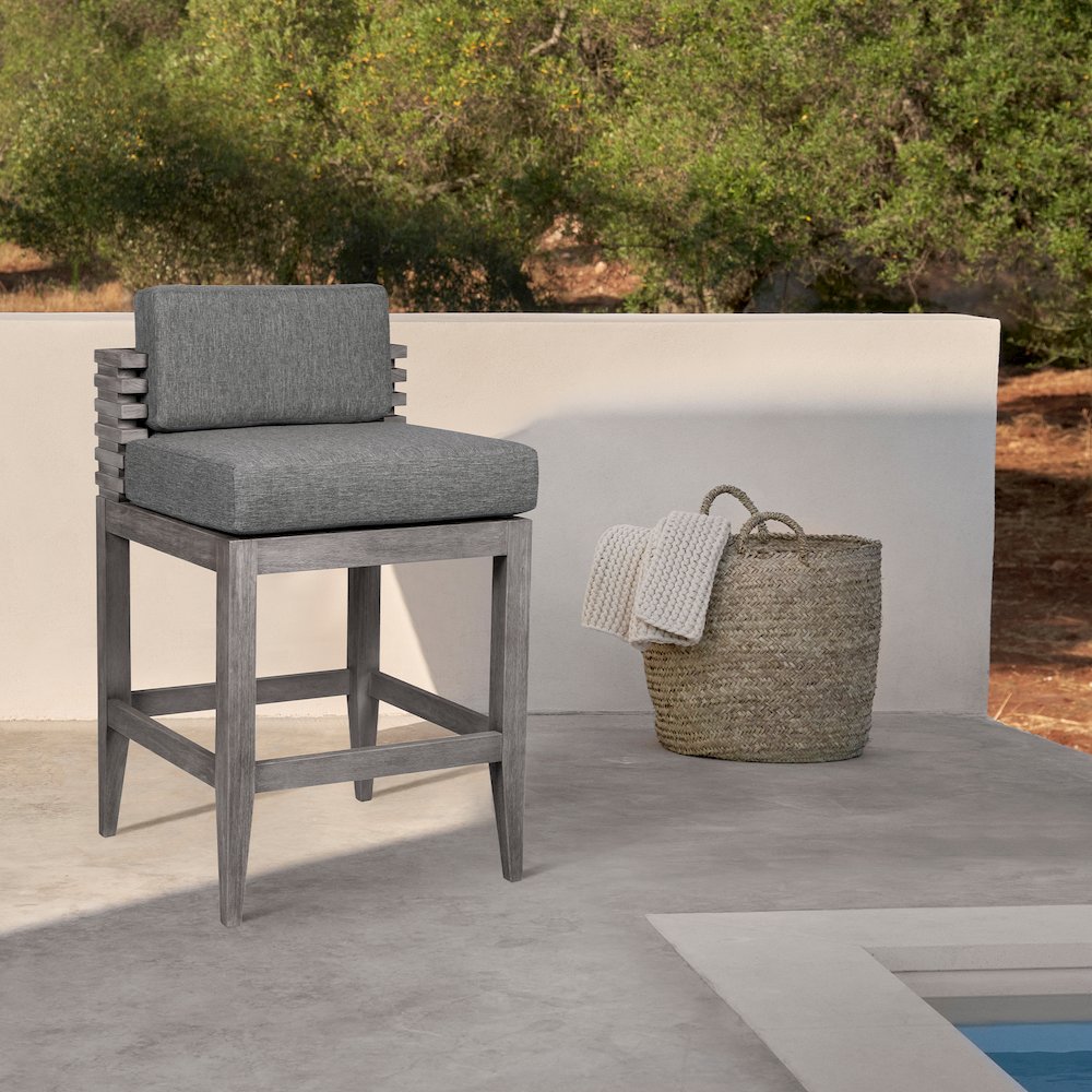 Outdoor Patio Counter Stool in Gray Eucalyptus Wood with Gray Olefin Cushions. Picture 11
