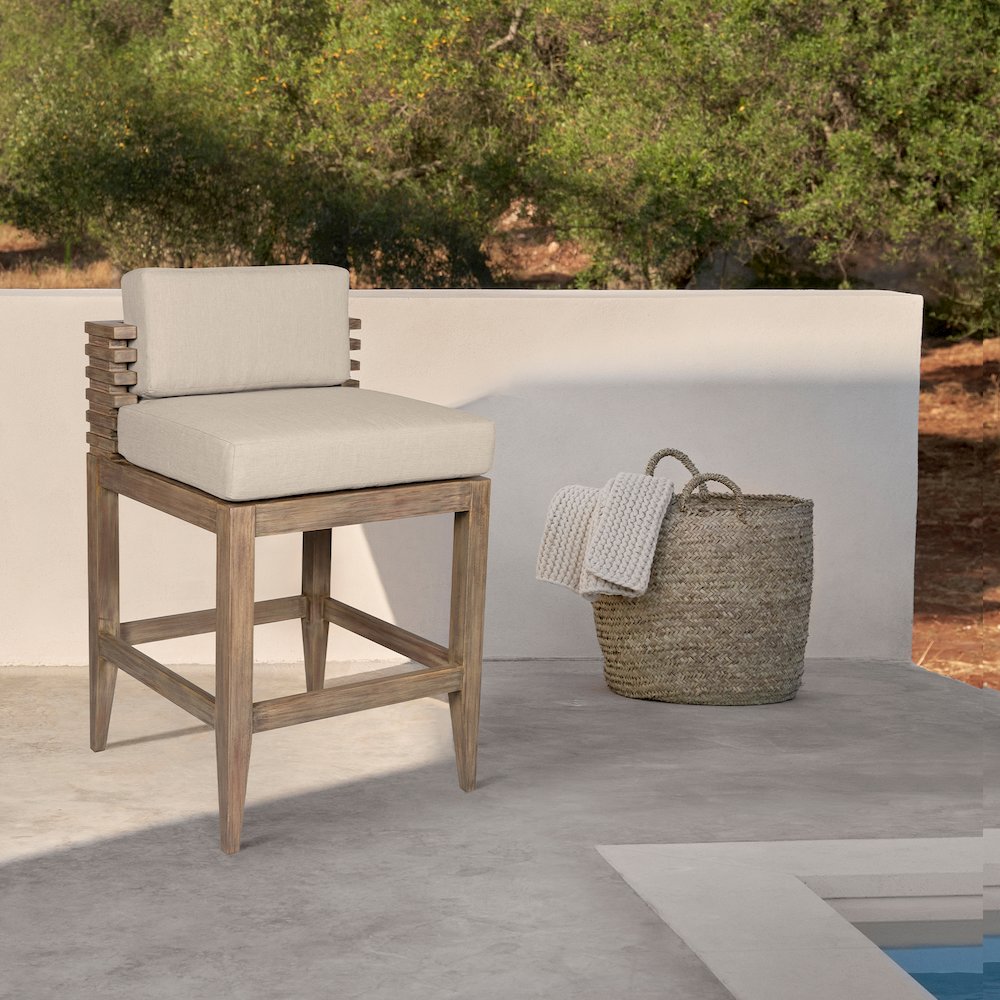 Outdoor Patio Counter Stool in Light Eucalyptus Wood with Taupe Olefin Cushions. Picture 11