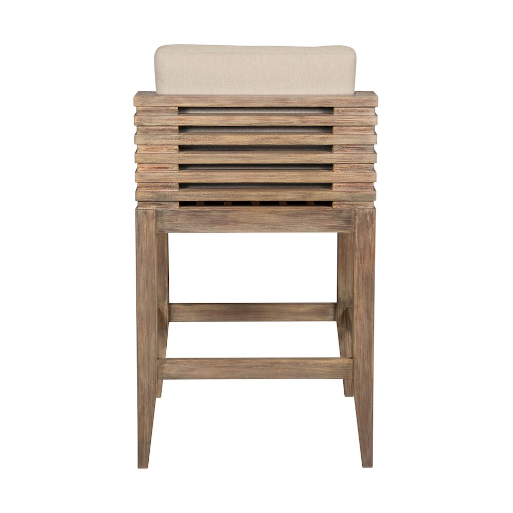 Outdoor Patio Bar Stool in Light Eucalyptus Wood with Taupe Olefin Cushions. Picture 5