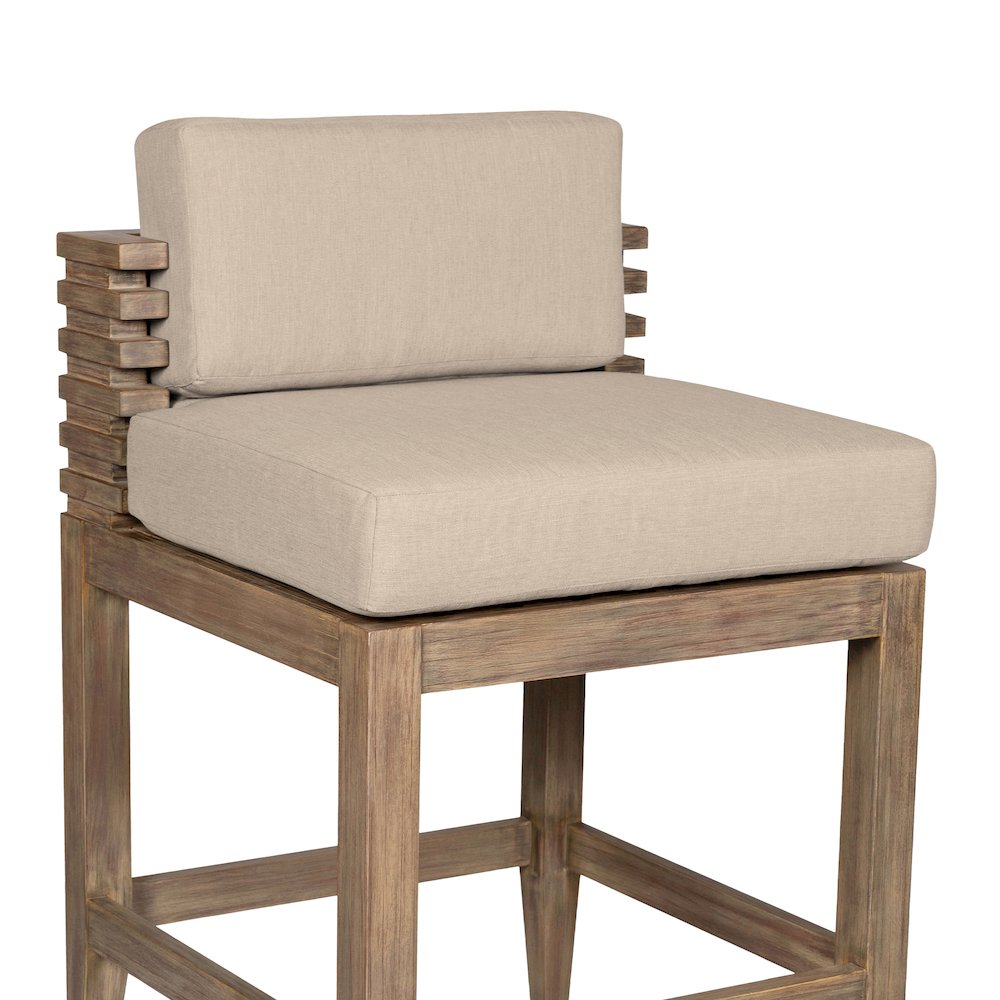 Outdoor Patio Bar Stool in Light Eucalyptus Wood with Taupe Olefin Cushions. Picture 6