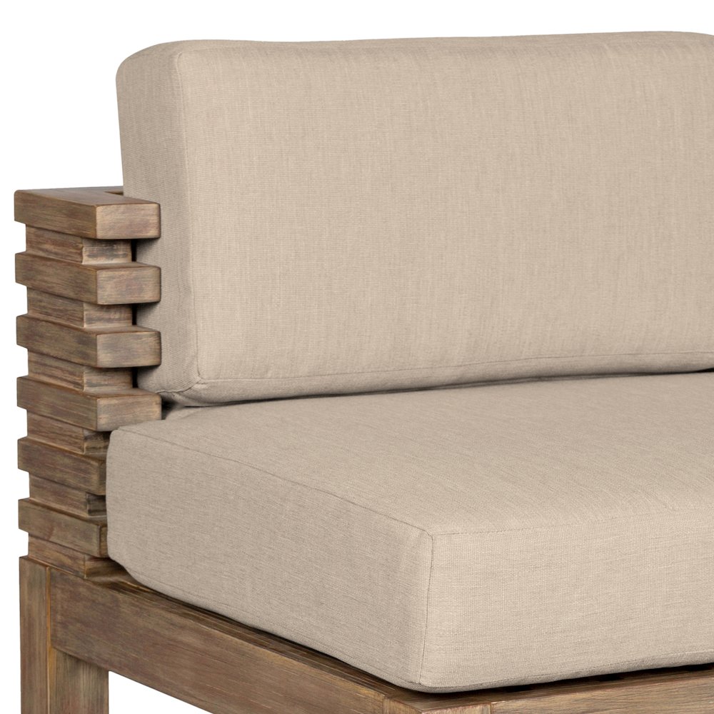 Outdoor Patio Bar Stool in Light Eucalyptus Wood with Taupe Olefin Cushions. Picture 7