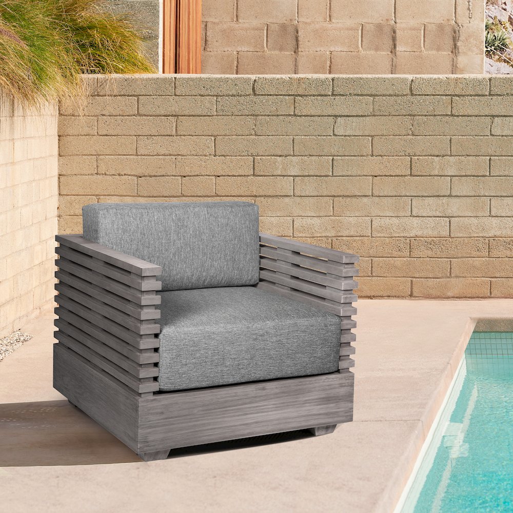Vivid Outdoor Patio Chair in Gray Eucalyptus Wood with Gray Olefin Cushions. Picture 10