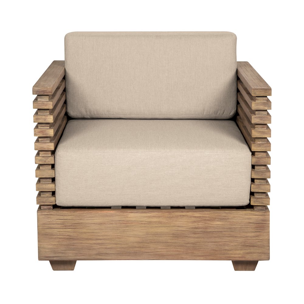 Vivid Outdoor Patio Chair in Light Eucalyptus Wood with Taupe Olefin Cushions. Picture 2