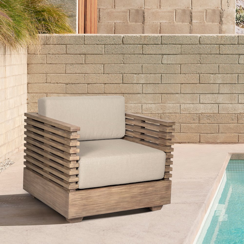 Vivid Outdoor Patio Chair in Light Eucalyptus Wood with Taupe Olefin Cushions. Picture 10