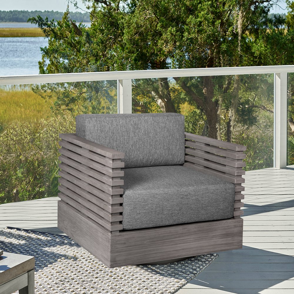 Outdoor Patio Chair in Gray Eucalyptus Wood with Gray Olefin Cushions. Picture 10