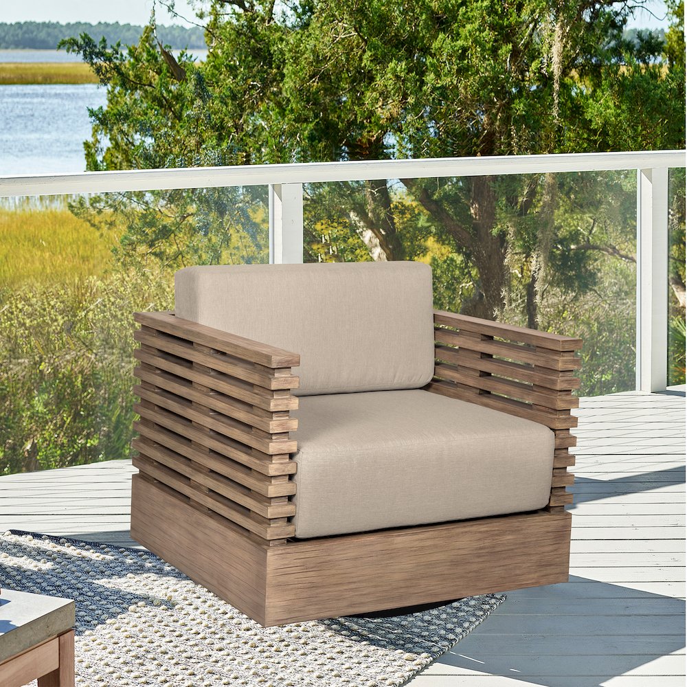 Outdoor Patio Chair in Light Eucalyptus Wood with Taupe Olefin Cushions. Picture 10