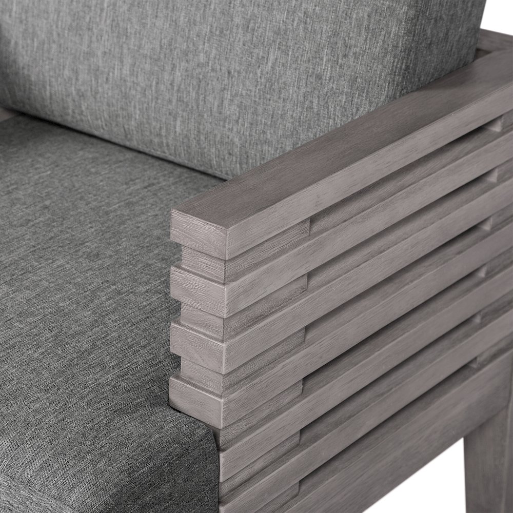 Outdoor Patio Dining Chair in Gray Eucalyptus Wood with Gray Olefin Cushions. Picture 6
