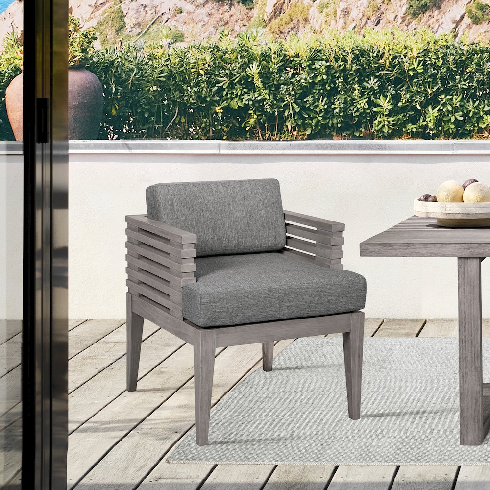 Outdoor Patio Dining Chair in Gray Eucalyptus Wood with Gray Olefin Cushions. Picture 10