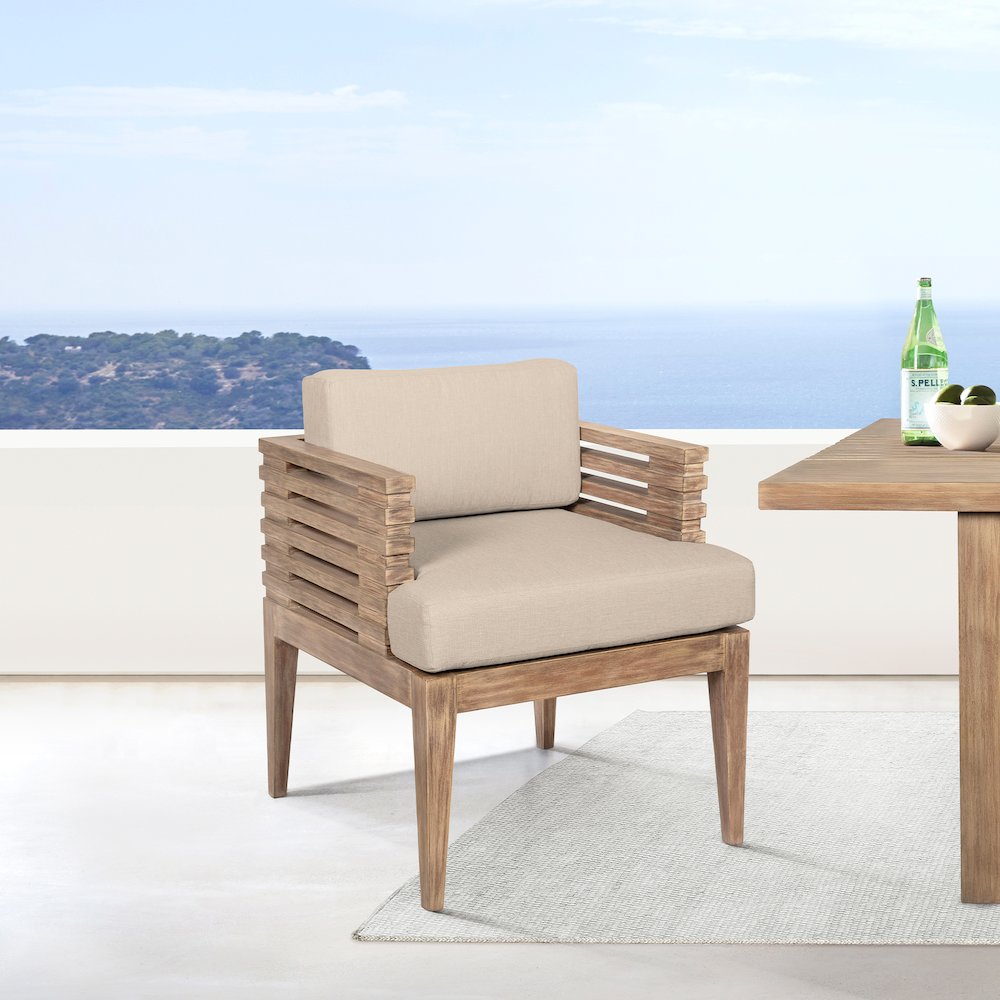 Outdoor Patio Dining Chair in Light Eucalyptus Wood with Taupe Olefin Cushions. Picture 10