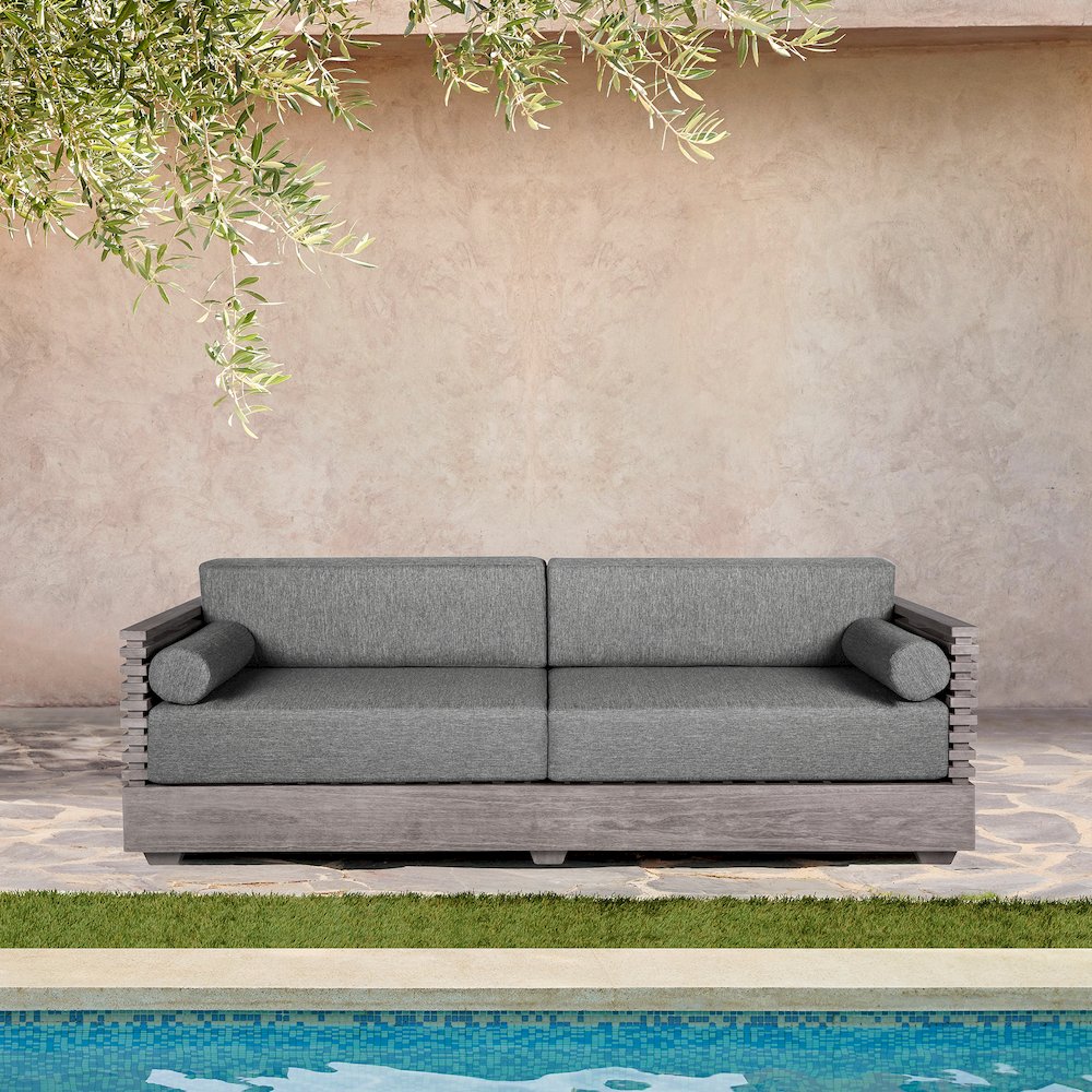 Vivid Outdoor Patio Sofa in Gray Eucalyptus Wood with Gray Olefin Cushions. Picture 10