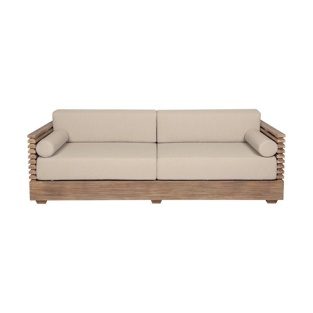Vivid Outdoor Patio Sofa in Light Eucalyptus Wood with Taupe Olefin Cushions. Picture 1