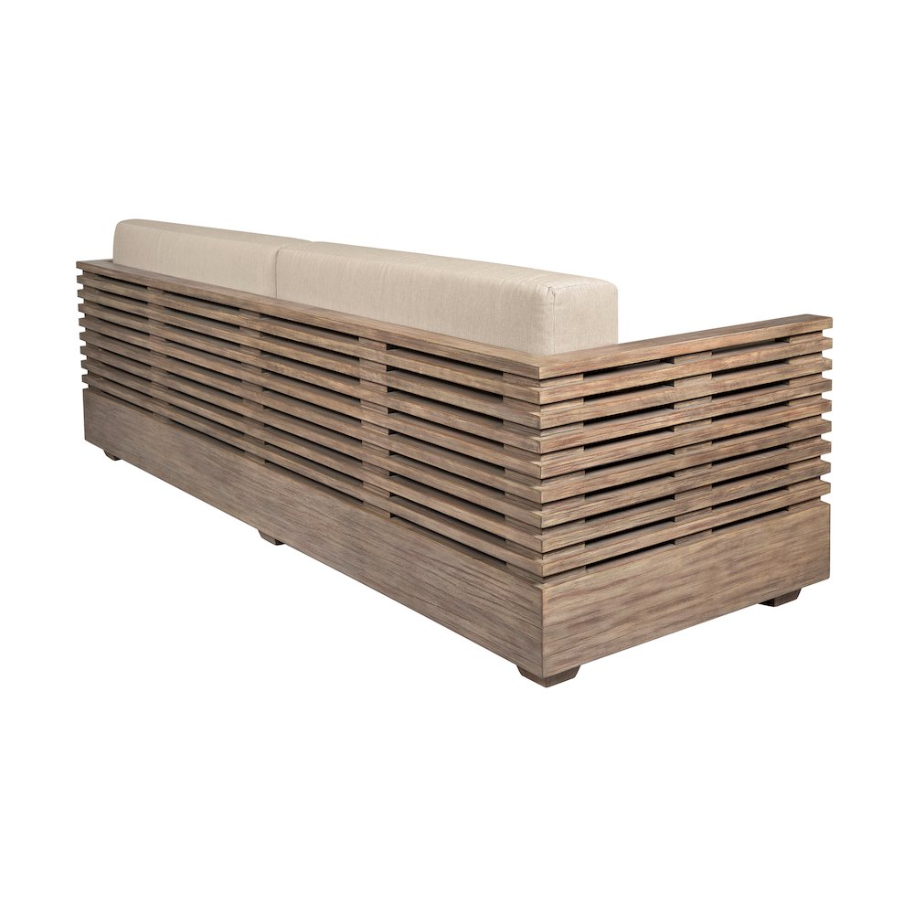 Vivid Outdoor Patio Sofa in Light Eucalyptus Wood with Taupe Olefin Cushions. Picture 3