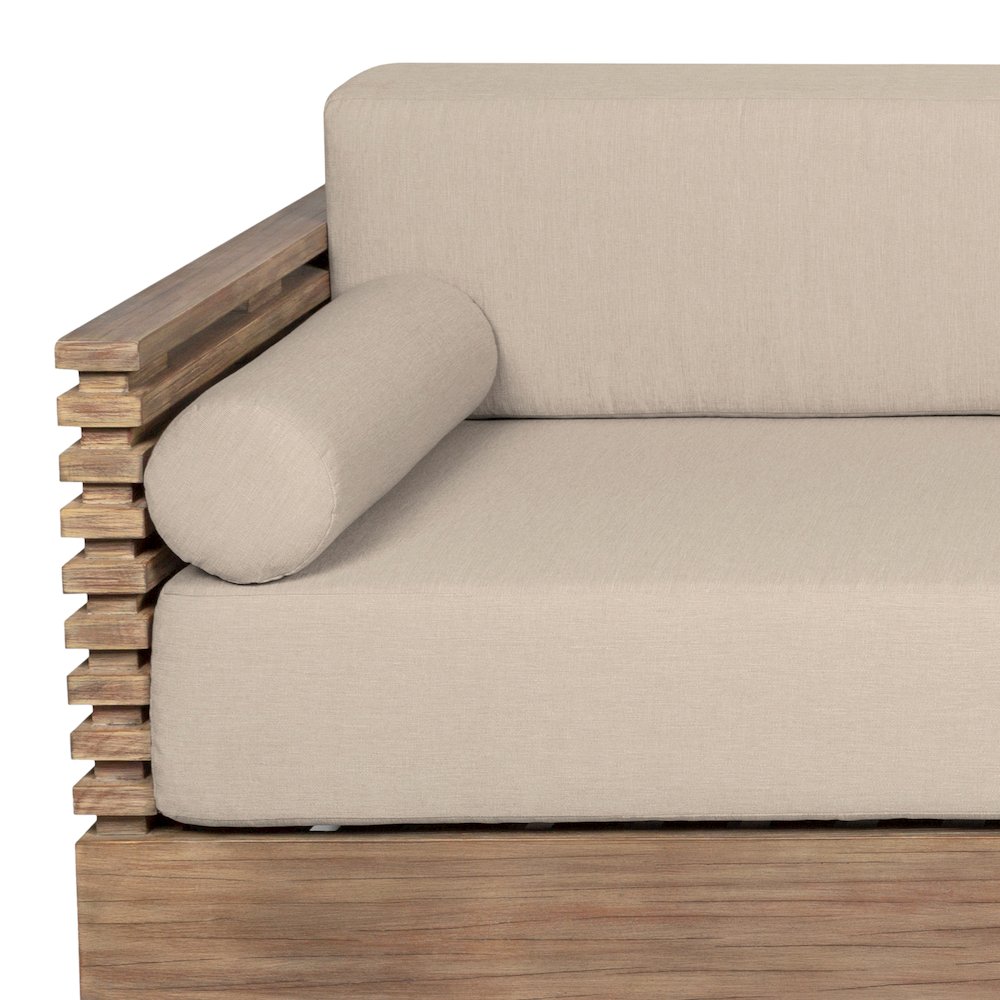 Vivid Outdoor Patio Sofa in Light Eucalyptus Wood with Taupe Olefin Cushions. Picture 5