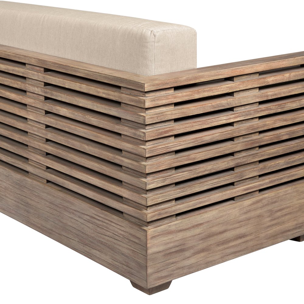 Vivid Outdoor Patio Sofa in Light Eucalyptus Wood with Taupe Olefin Cushions. Picture 6