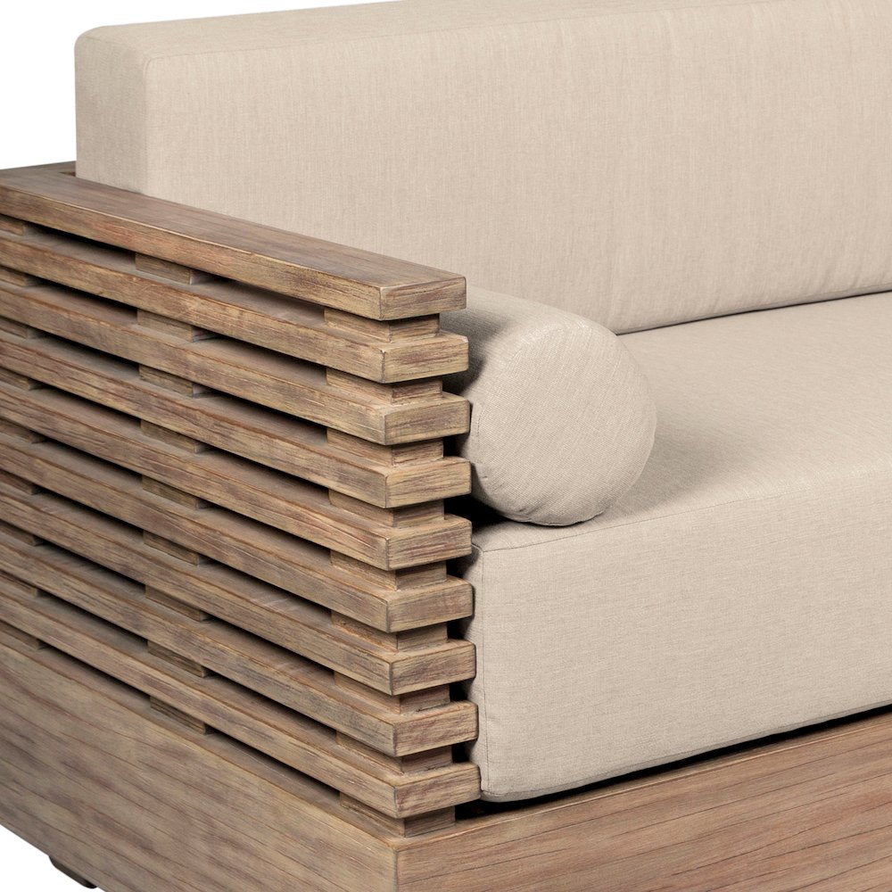 Vivid Outdoor Patio Sofa in Light Eucalyptus Wood with Taupe Olefin Cushions. Picture 7