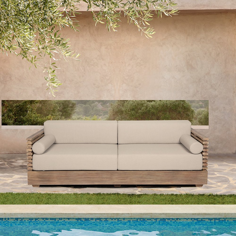 Vivid Outdoor Patio Sofa in Light Eucalyptus Wood with Taupe Olefin Cushions. Picture 10