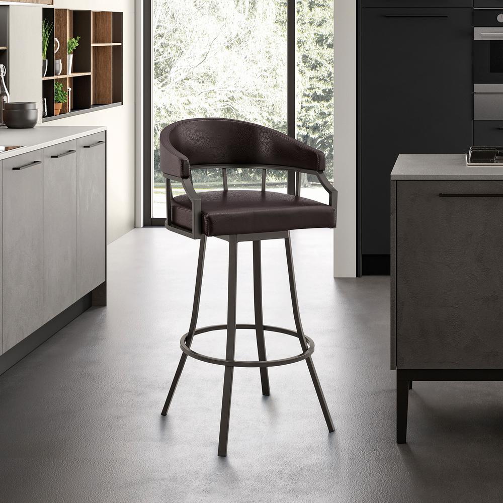 Swivel Brown Faux Leather and Java Brown Metal Bar Stool. Picture 12