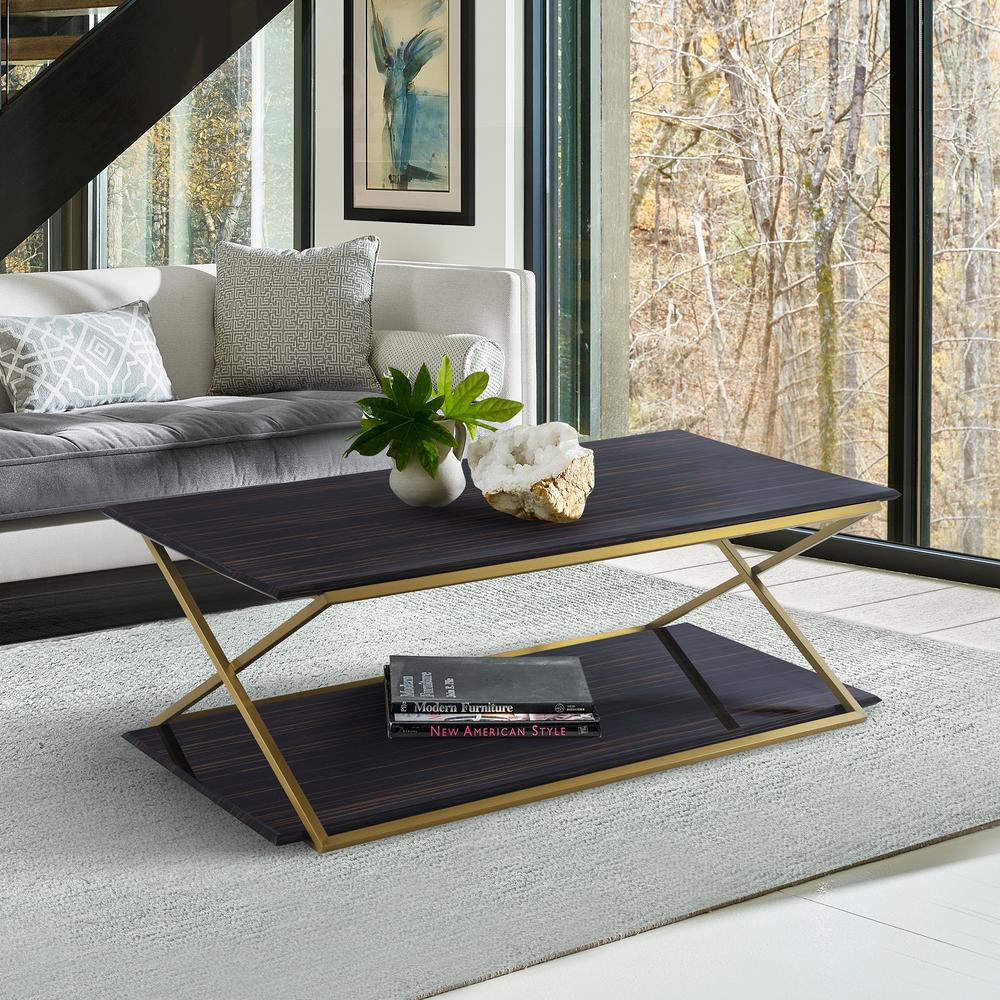 Westlake Dark Brown Veneer Coffee Table with Brushed Gold Legs. Picture 2