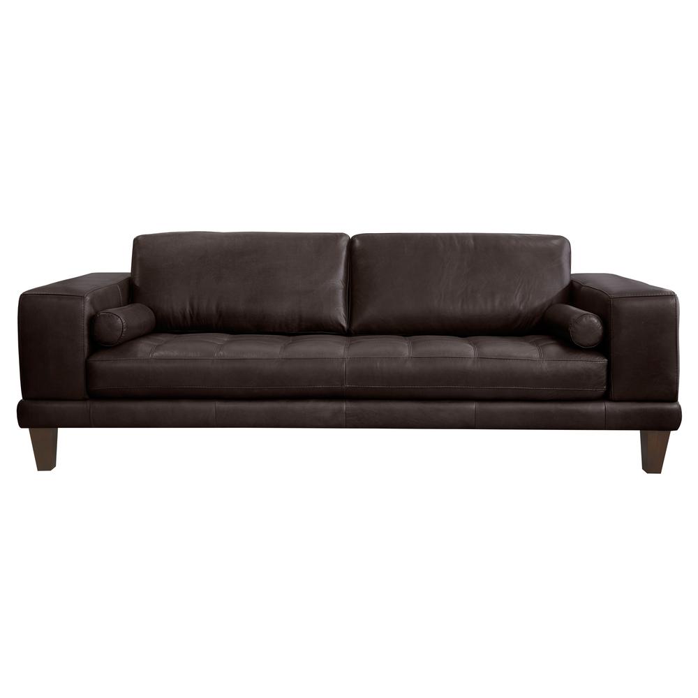 Armen Living Wynne Contemporary Sofa in Genuine Espresso Leather with Brown Wood Legs. Picture 1
