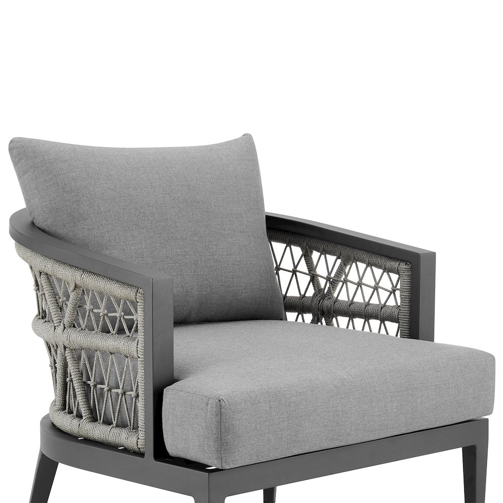 Zella Outdoor Patio Armchair in Aluminum with Light Gray Rope. Picture 4