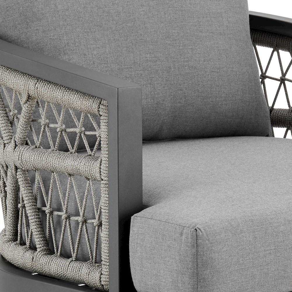 Zella Outdoor Patio Armchair in Aluminum with Light Gray Rope. Picture 6
