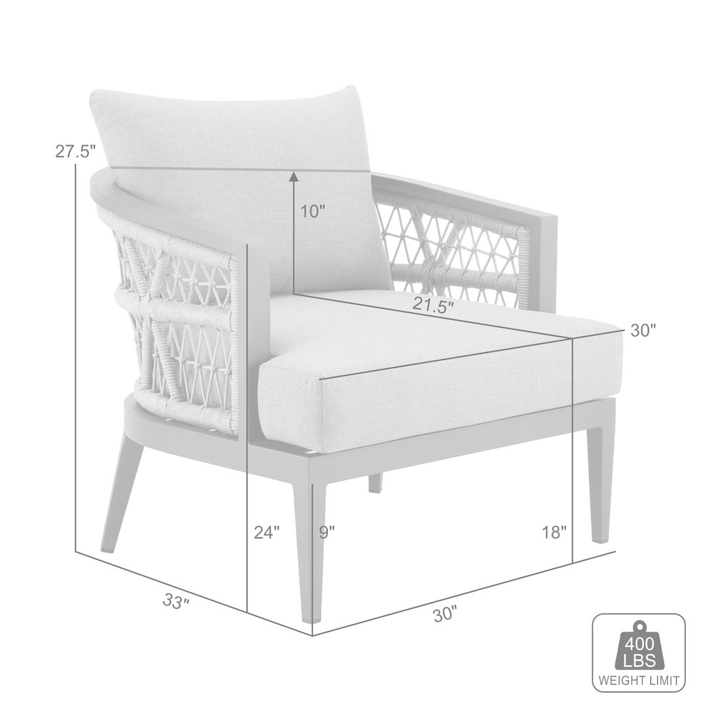 Zella Outdoor Patio Armchair in Aluminum with Light Gray Rope. Picture 9