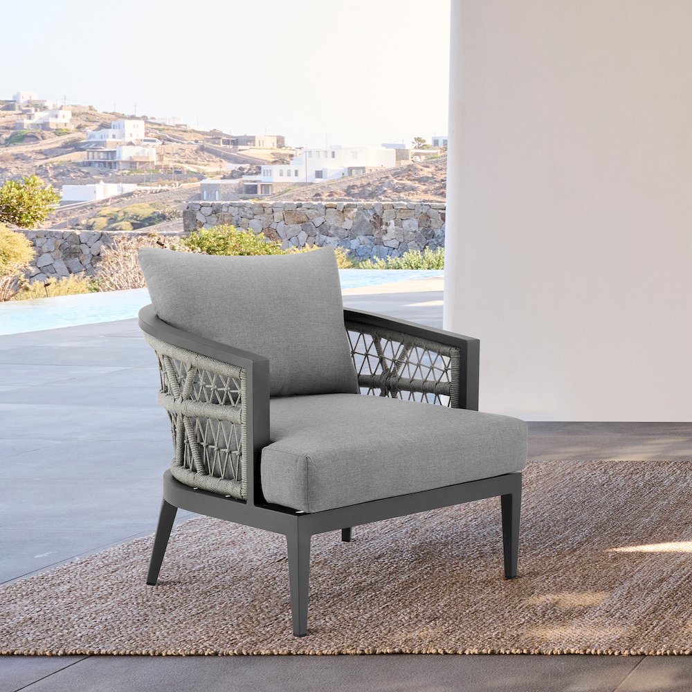 Zella Outdoor Patio Armchair in Aluminum with Light Gray Rope. Picture 10