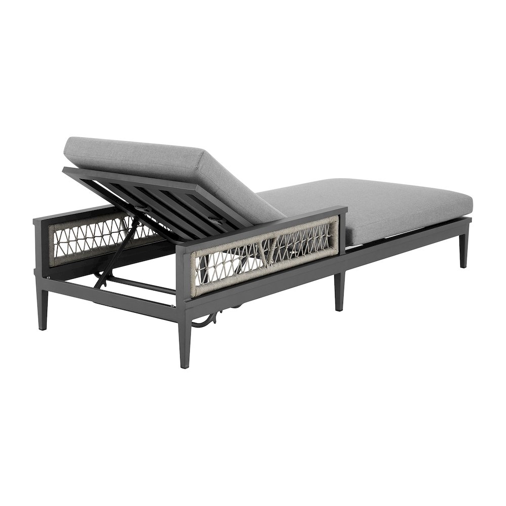 Zella Outdoor Patio Chaise Lounge Chair in Aluminum with Gray Rope. Picture 5
