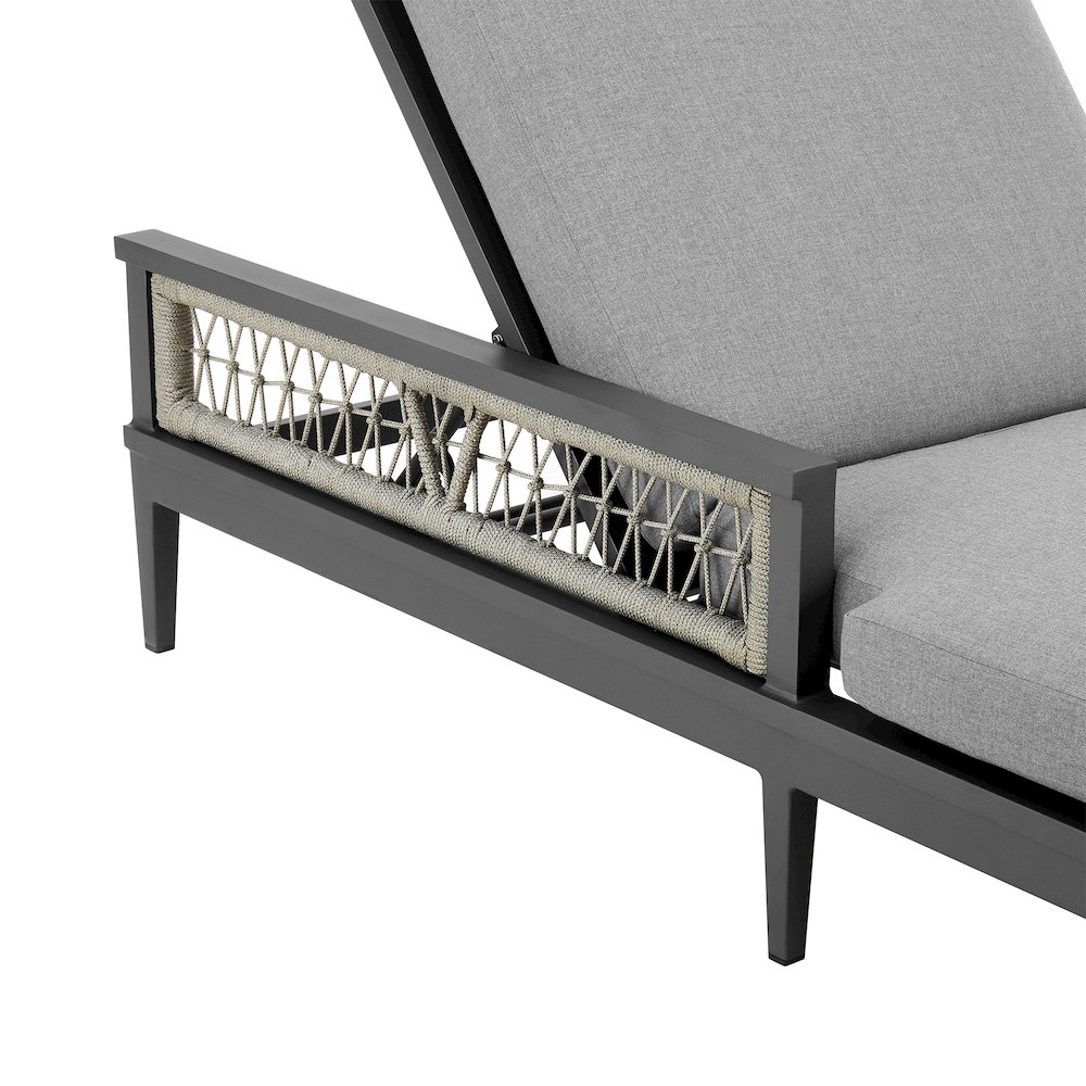 Zella Outdoor Patio Chaise Lounge Chair in Aluminum with Gray Rope. Picture 7