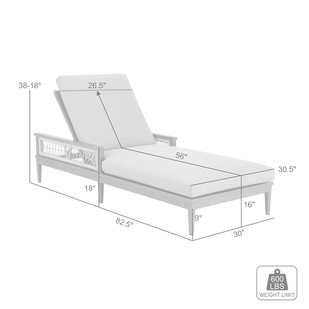 Zella Outdoor Patio Chaise Lounge Chair in Aluminum with Gray Rope. Picture 9