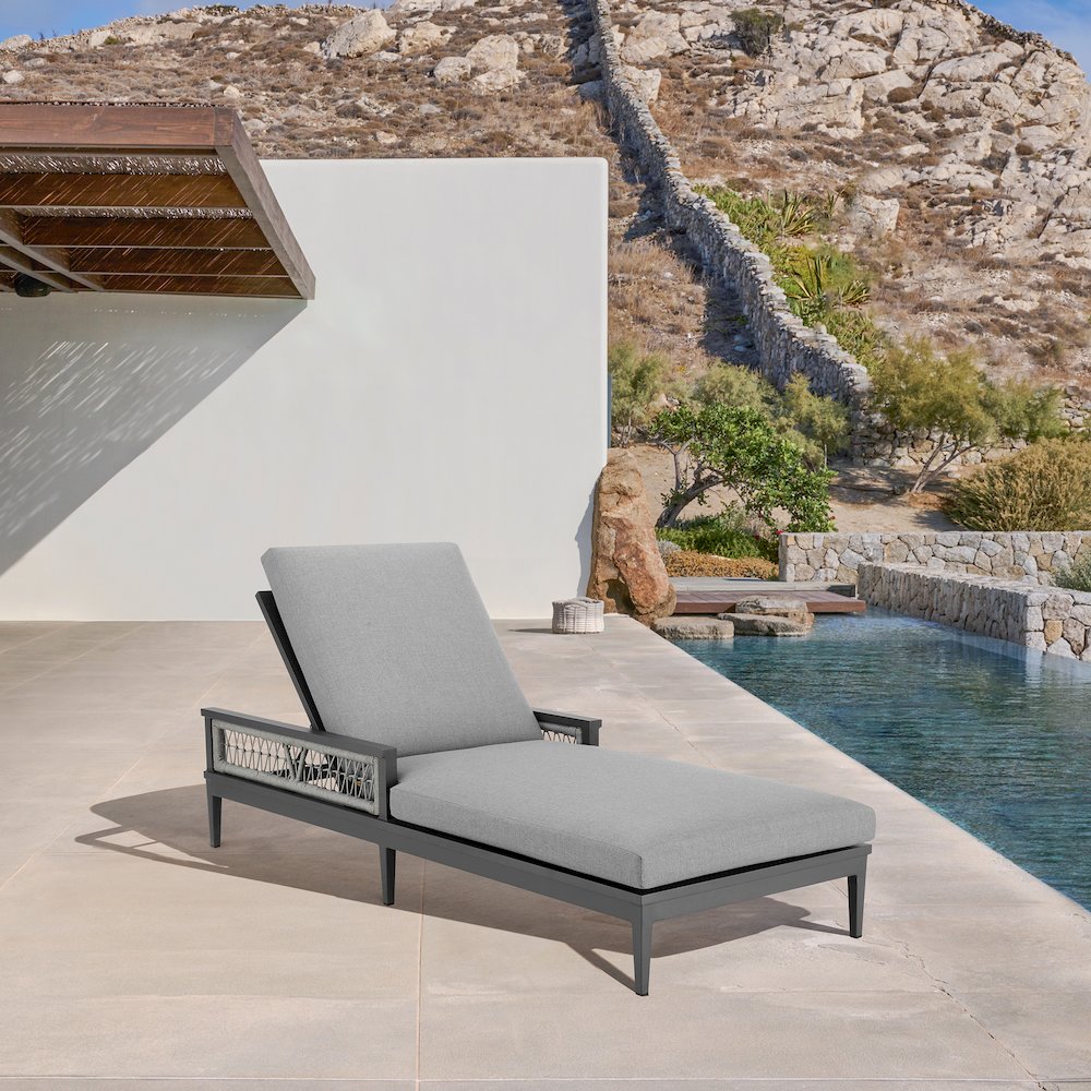 Zella Outdoor Patio Chaise Lounge Chair in Aluminum with Gray Rope. Picture 10