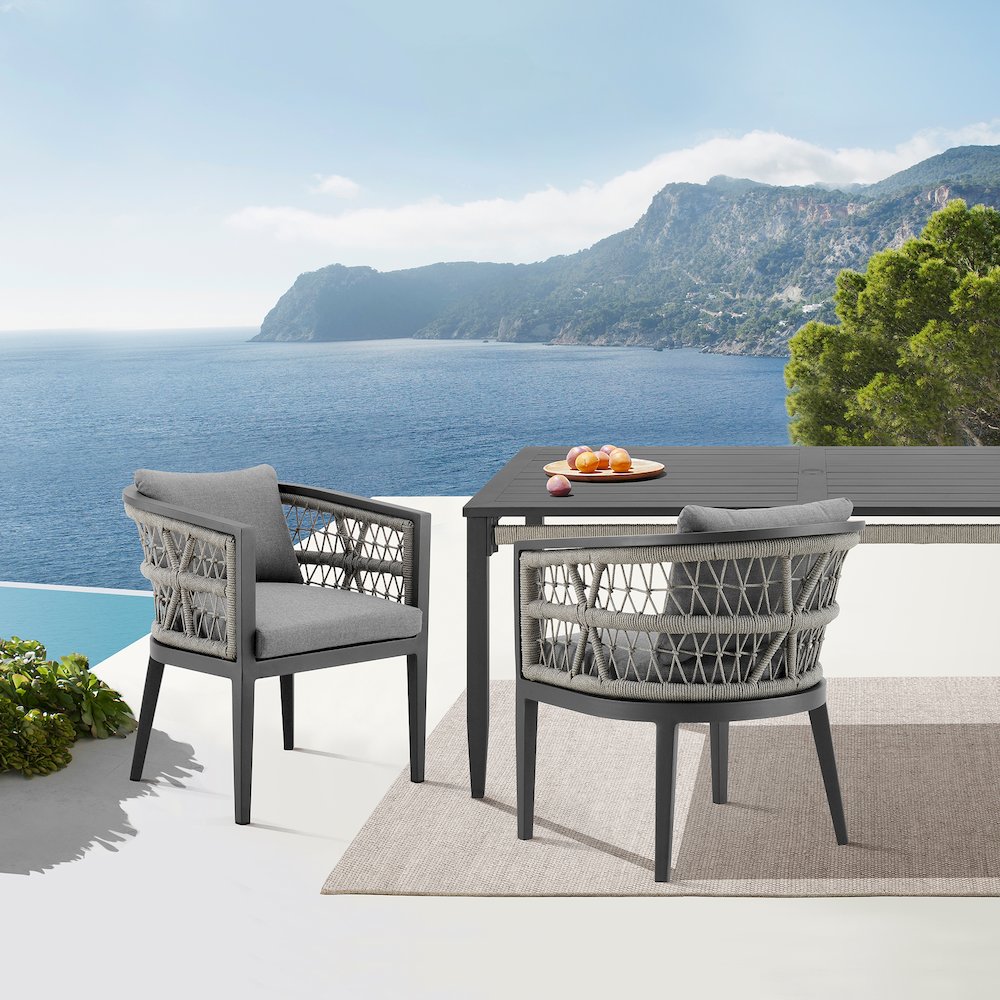 Zella Outdoor Patio Dining Chair in Aluminum with Light Gray Rope Set of 2. Picture 11
