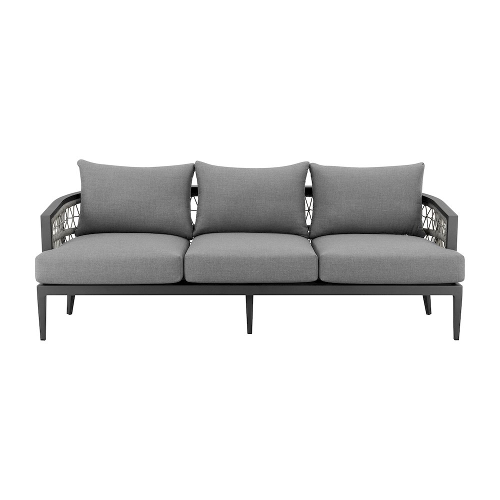 Zella Outdoor Patio Sofa in Aluminum with Light Gray Rope and Earl Gray Cushions. Picture 1