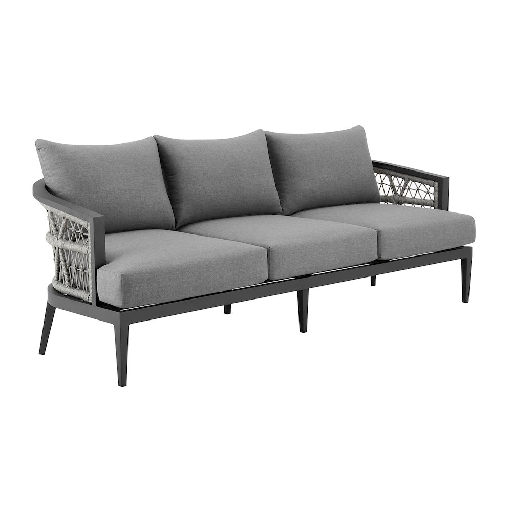 Zella Outdoor Patio Sofa in Aluminum with Light Gray Rope and Earl Gray Cushions. Picture 2