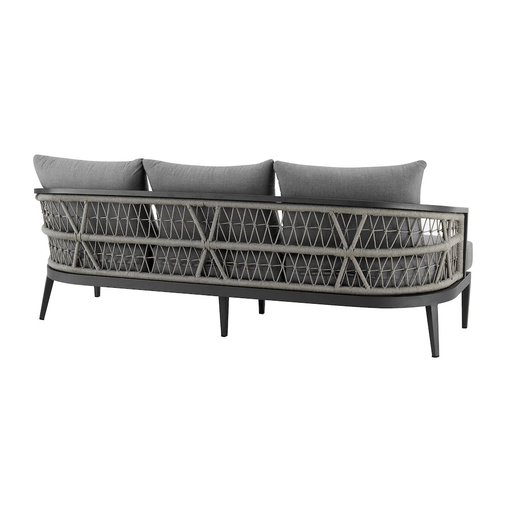 Zella Outdoor Patio Sofa in Aluminum with Light Gray Rope and Earl Gray Cushions. Picture 3