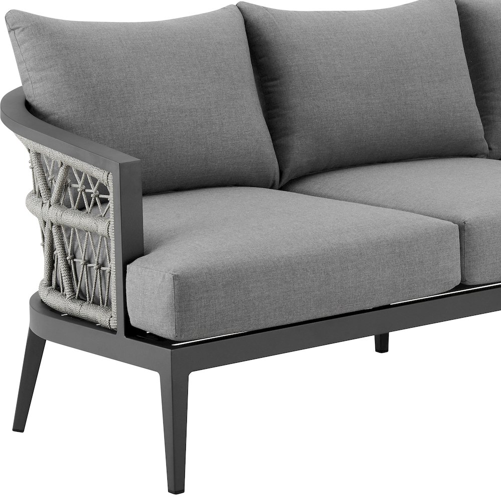 Zella Outdoor Patio Sofa in Aluminum with Light Gray Rope and Earl Gray Cushions. Picture 4