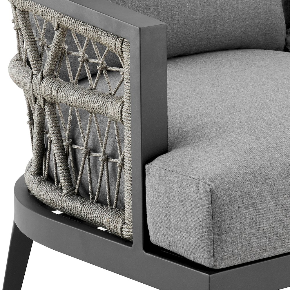 Zella Outdoor Patio Sofa in Aluminum with Light Gray Rope and Earl Gray Cushions. Picture 5