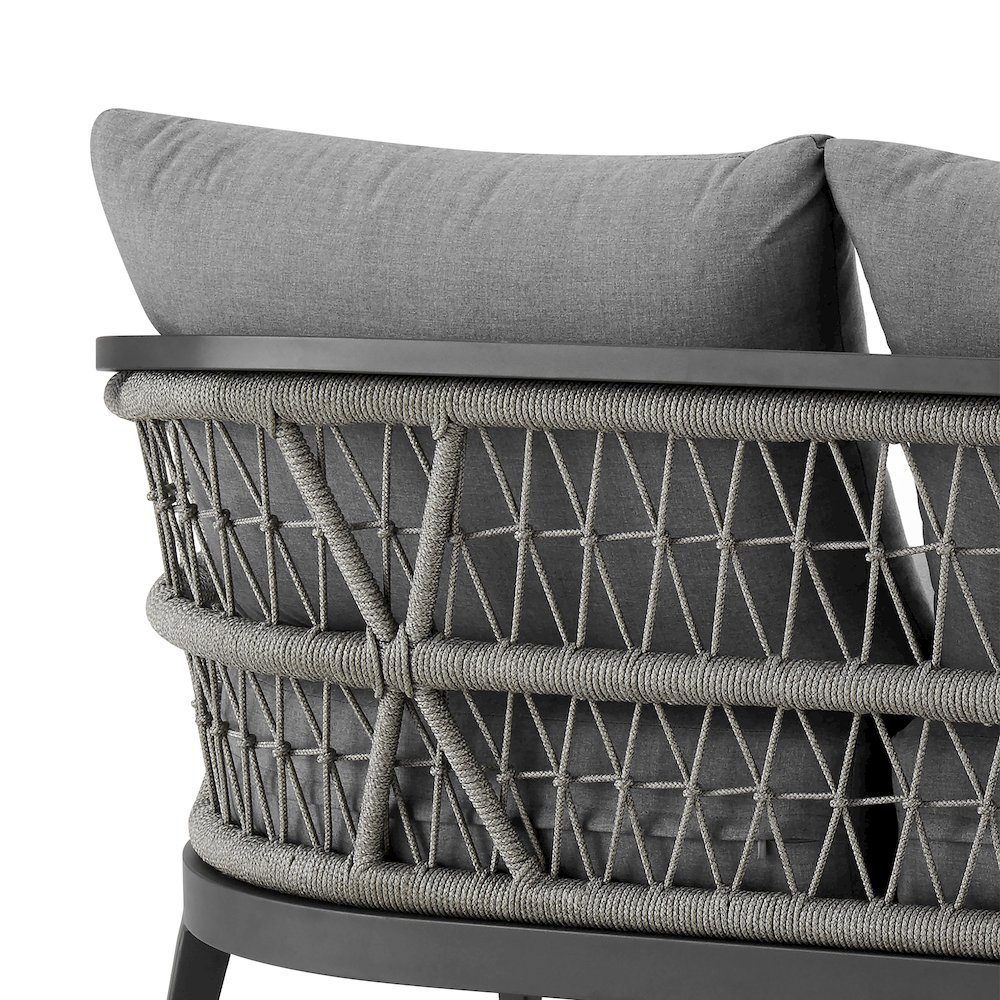 Zella Outdoor Patio Sofa in Aluminum with Light Gray Rope and Earl Gray Cushions. Picture 6