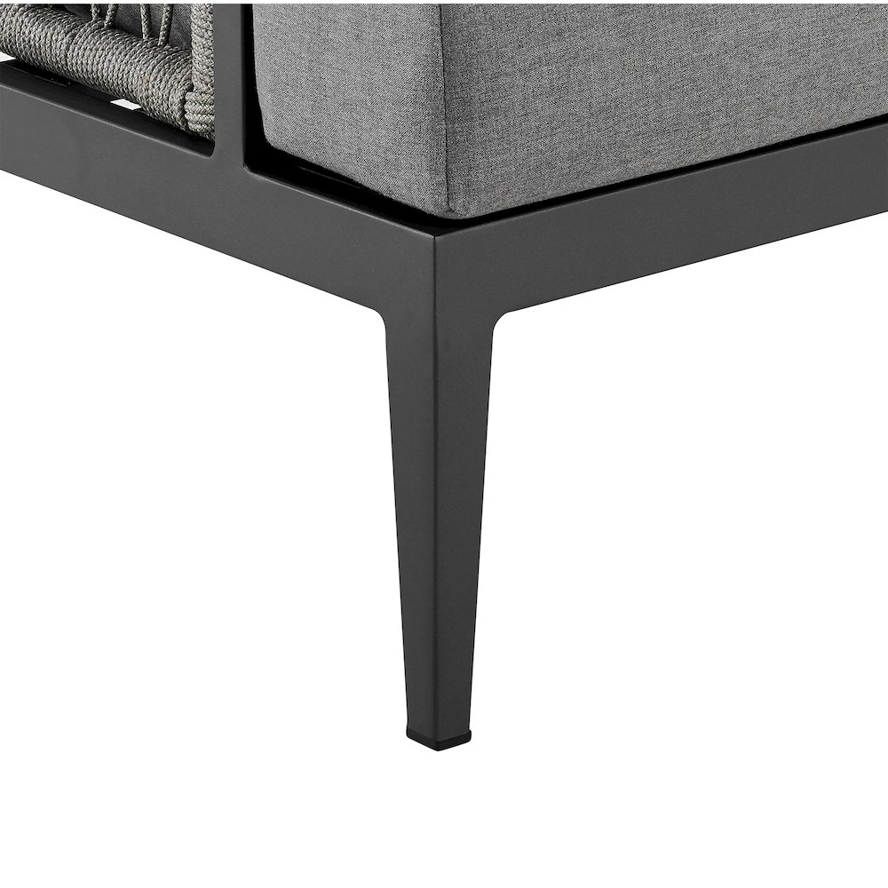 Zella Outdoor Patio Sofa in Aluminum with Light Gray Rope and Earl Gray Cushions. Picture 7