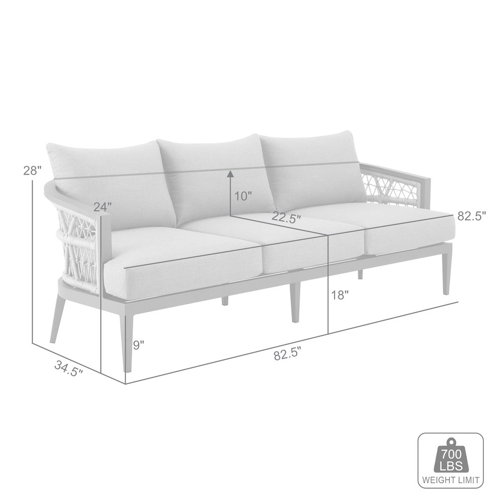 Zella Outdoor Patio Sofa in Aluminum with Light Gray Rope and Earl Gray Cushions. Picture 8