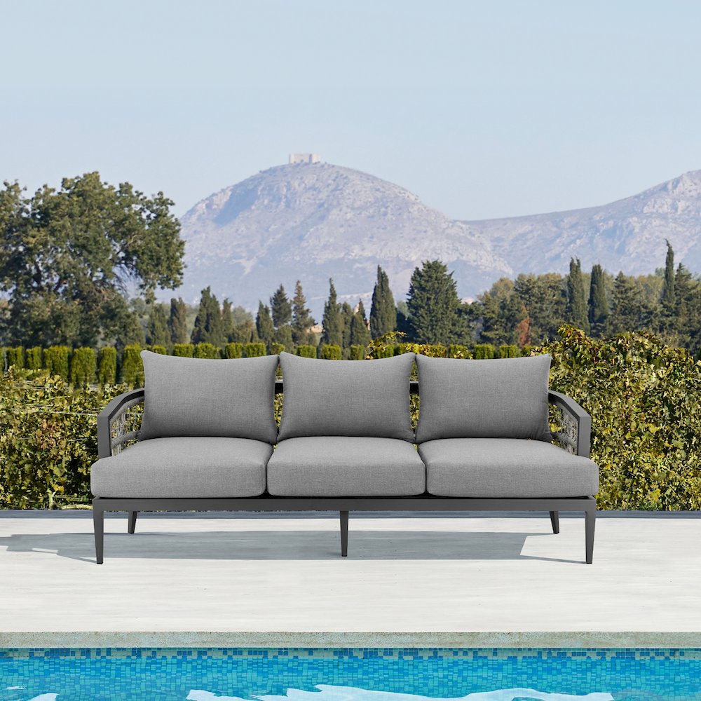 Zella Outdoor Patio Sofa in Aluminum with Light Gray Rope and Earl Gray Cushions. Picture 9