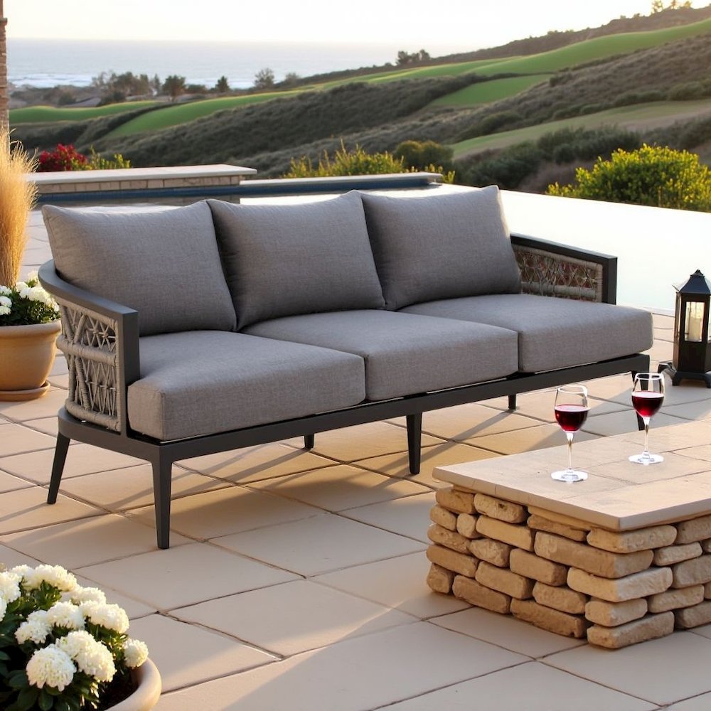 Outdoor Sofa – Aluminum Patio Sofa with Cushions and Modern Rope Detail. Picture 2