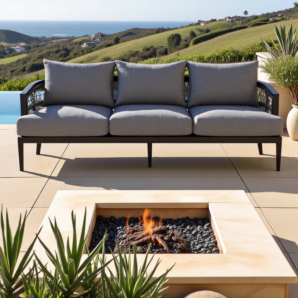 Outdoor Sofa – Aluminum Patio Sofa with Cushions and Modern Rope Detail. Picture 3