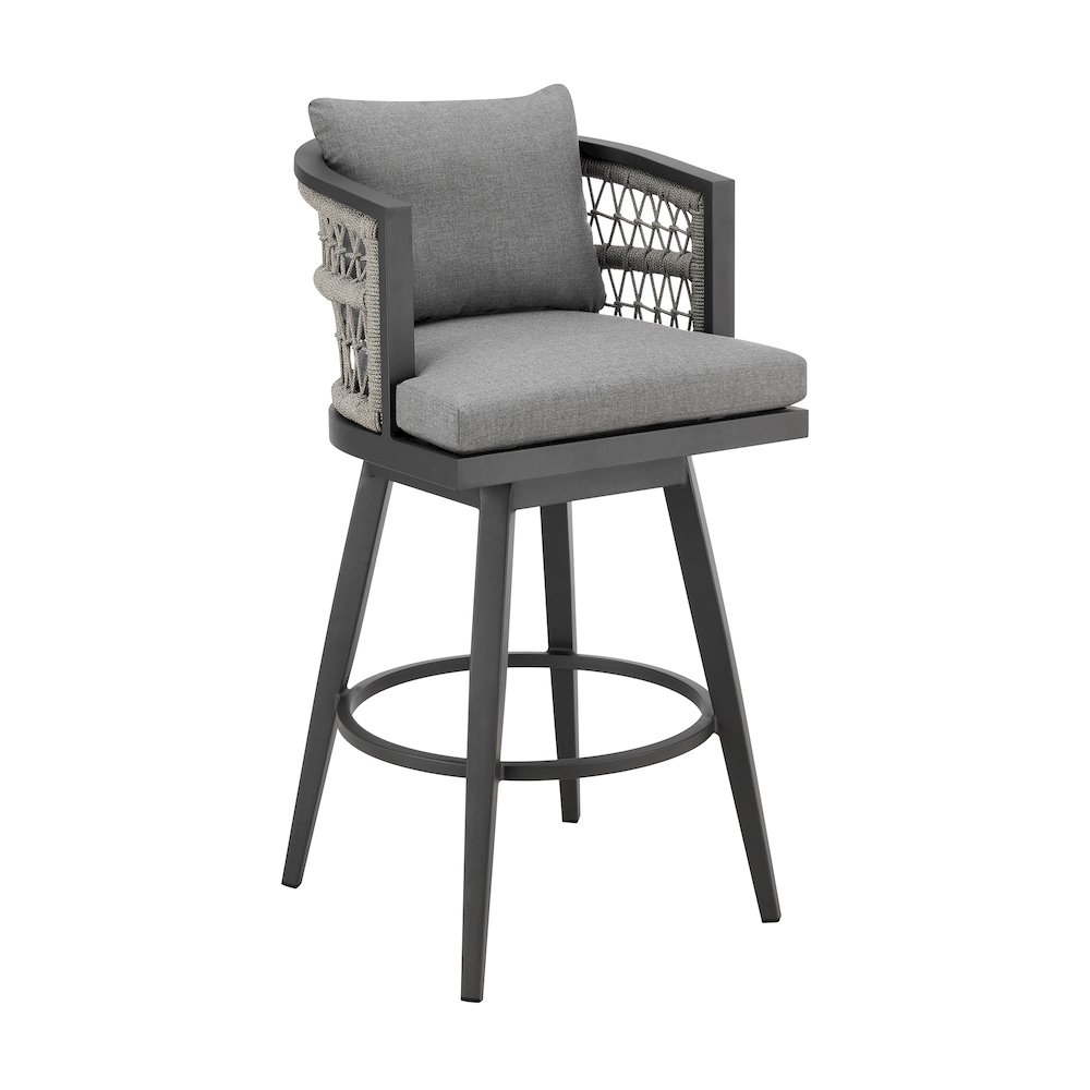 Zella Outdoor Patio Swivel Bar Stool in Aluminum with Light Gray Rope. Picture 1
