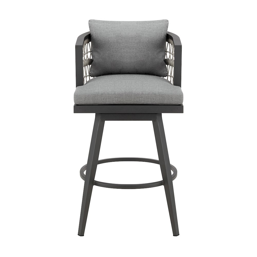Zella Outdoor Patio Swivel Bar Stool in Aluminum with Light Gray Rope. Picture 2