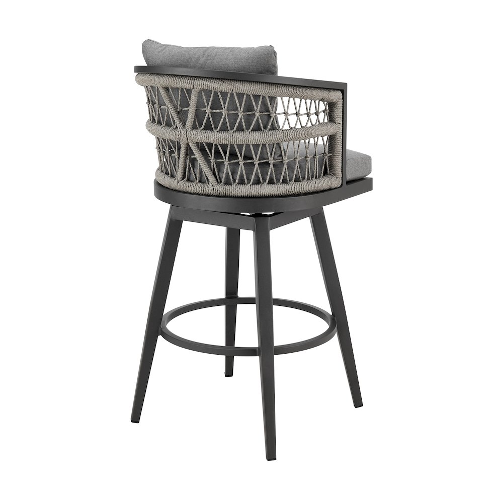 Zella Outdoor Patio Swivel Bar Stool in Aluminum with Light Gray Rope. Picture 3