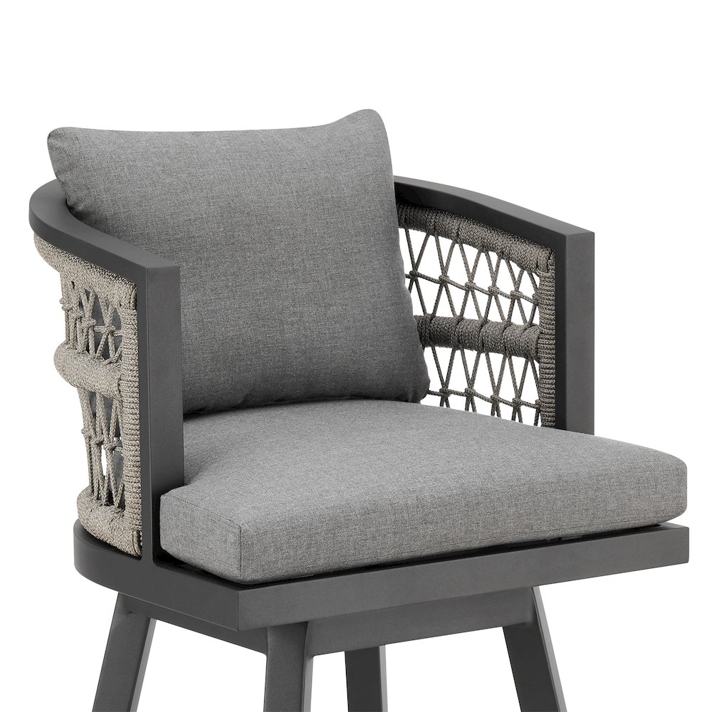 Zella Outdoor Patio Swivel Bar Stool in Aluminum with Light Gray Rope. Picture 4