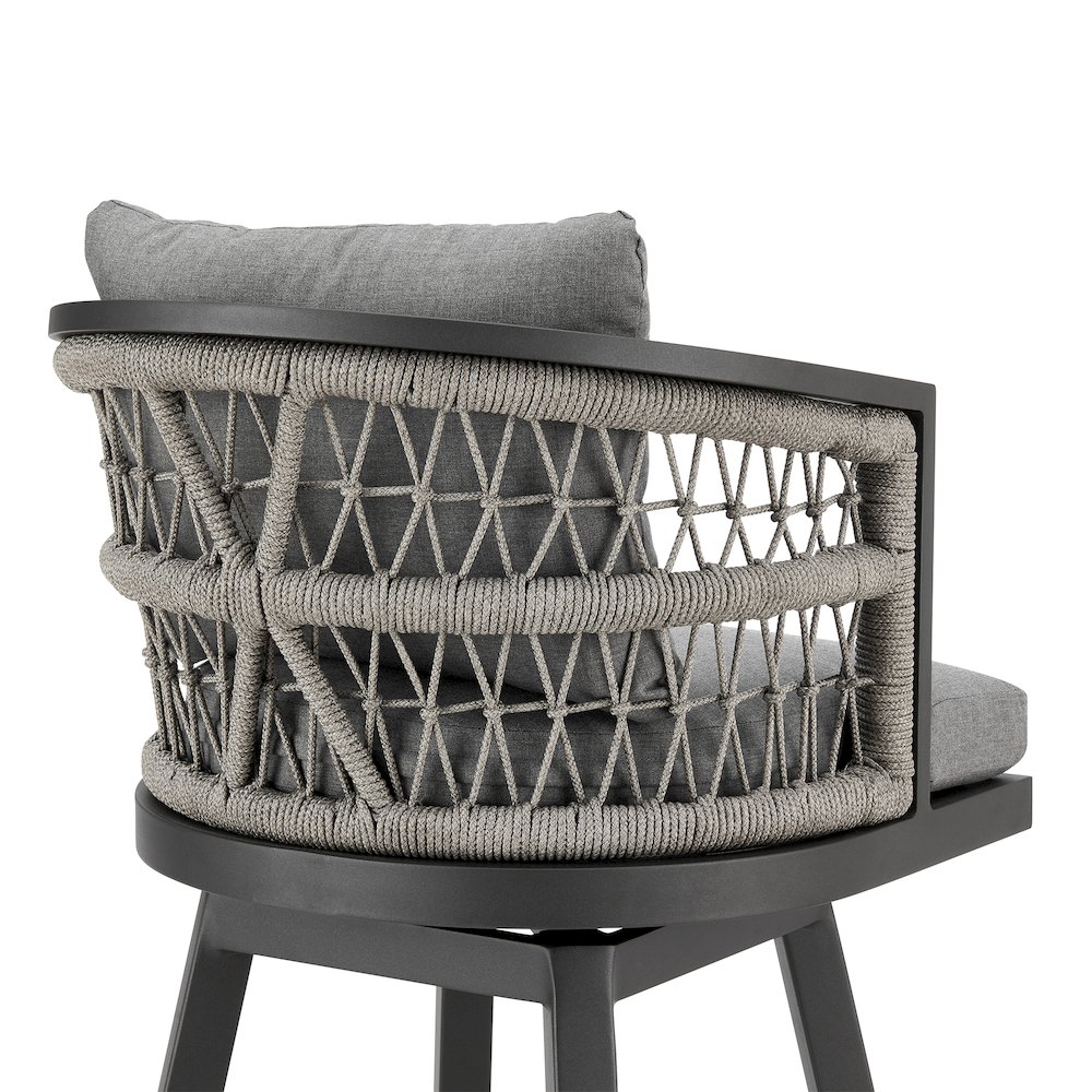 Zella Outdoor Patio Swivel Bar Stool in Aluminum with Light Gray Rope. Picture 5